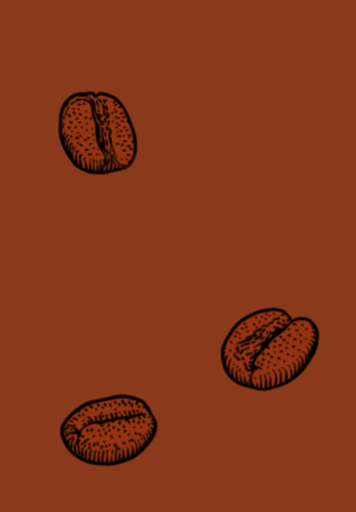 Illustrations of coffee beans on a mocha-y brown background