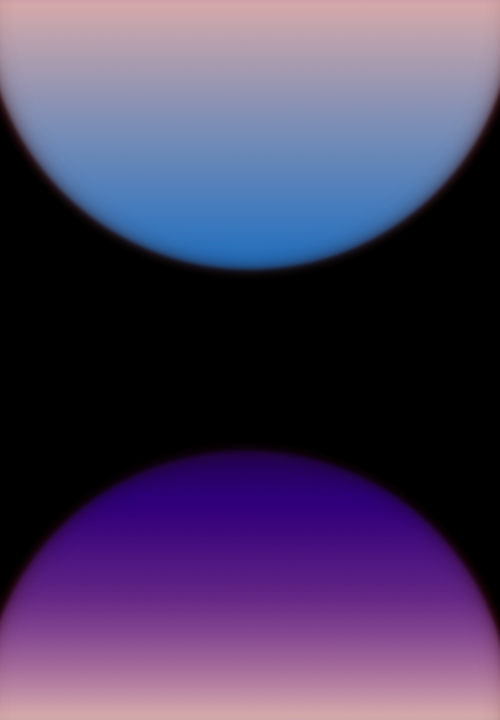 Two semi-circles emerge from the top and bottom; each a gradient of deep purple to golden pink to sky blue